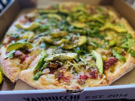 Vegan Buffalo Avocado Chicken Pizza