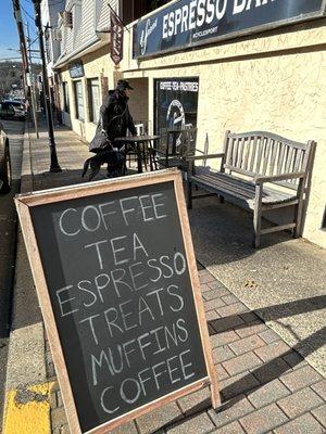 Funny sign- mentions coffee twice.