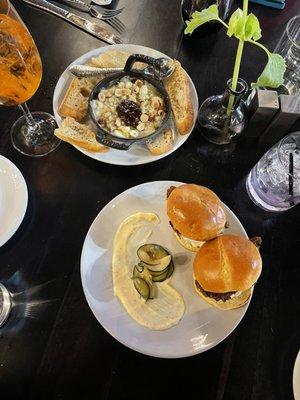 Appetizers: baked brie and fried chicken sliders.