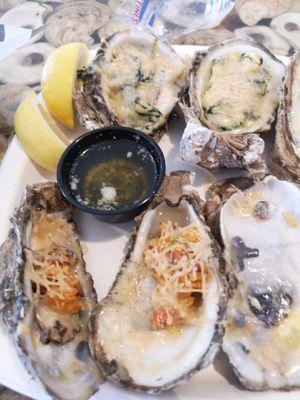 Herbsaint and Spinach Oysters on top. Andouille Oysters on bottom.