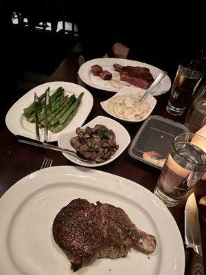 Rib-eye, truffled mashed potatoes, sautéed mushrooms, roasted asparagus