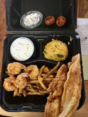 Valentines Day Fish and 4 pc Shrimp w/ 2 Tough overcooked jalapeño hush puppies, fries, and broccoli, rice casserole.