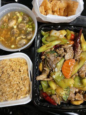 D6. Hunan Beef Platter and Hot & Sour Soup