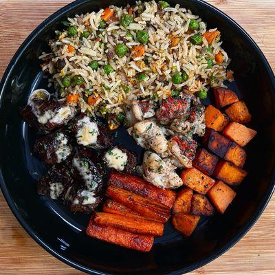 Wagyu steak, fried rice,  lobster, carrots & sweet potatoes