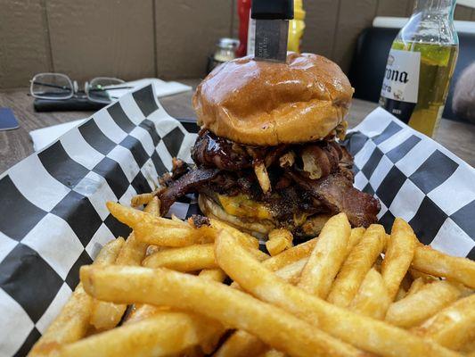 Backroads burger, and there are onions wrapped in bacon on it also!  How could you not love it.