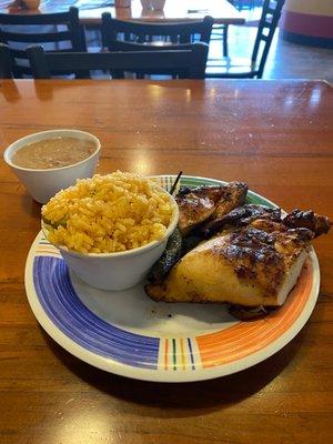 1/4 Chicken, refried beans and rice