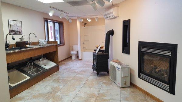 Showroom. Gas and wood burning fireplaces and stoves.