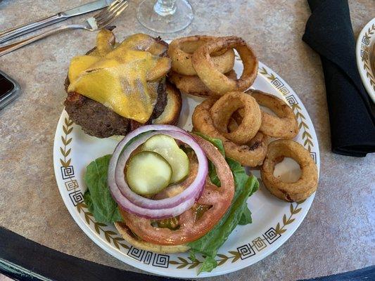 Bacon cheeseburger and onion rings.