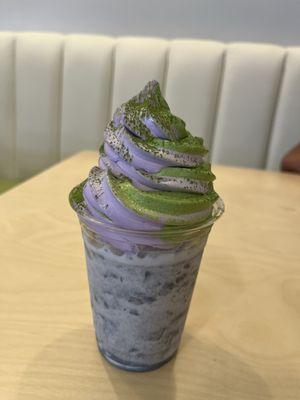 Black sesame latte float w/ matcha/ube soft serve