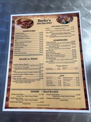 Burke's Menu