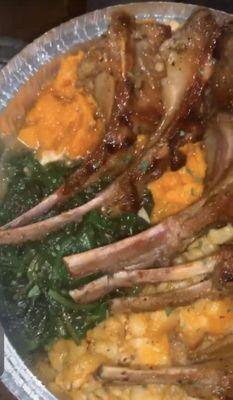 Lamb, Sauté spinach and Mac & Cheese, Yams