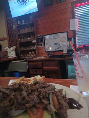 Steak salad, hockey, and good service (*that's not the usual cut of steak but it hit the spot). Loved the fries.