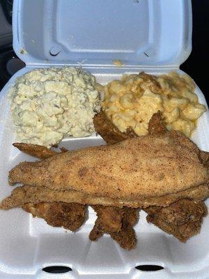 Whiting and wings with potato salad and Mac & cheese.