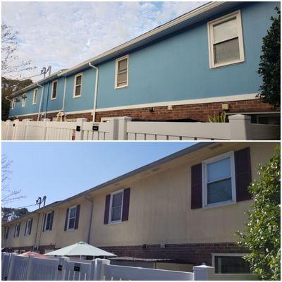 We'r painted this multi-family a Robin's egg blue. We're also installed the white trim above the brick siding.