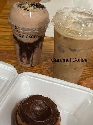 Snickers Shake, Iced protein Caramel Coffee, and chocolate protein donut.