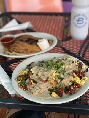 Loaded biscuits and gravy and johnnycakes