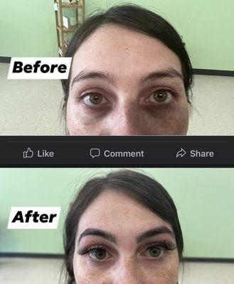 Before and after picture of eyebrow threading and Natural heavy lashes