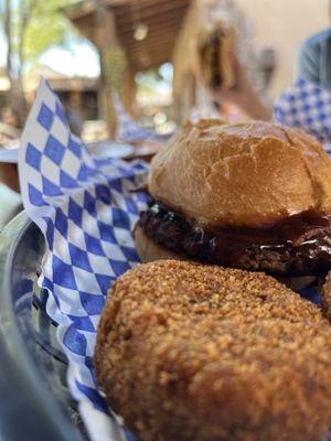 Bacon BBQ burger and potato pancake