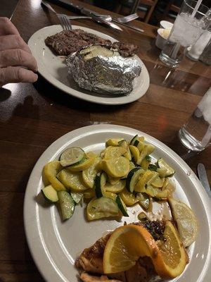 Salmon with seasonal veggies and ribeye steak