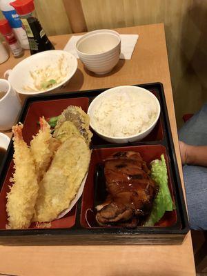 Two choices: shrimp tempura and teriyaki chicken. Miso soup and a salad were included.