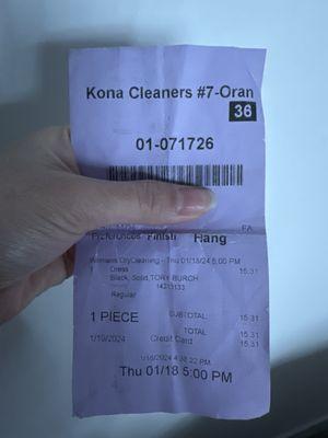 Proof of dry cleaning (date and item)