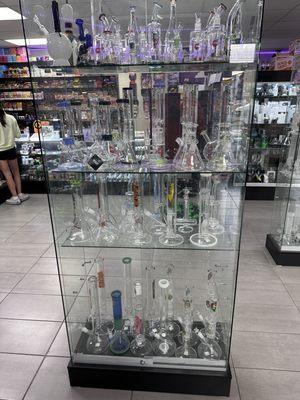 Glass display cases with glass water pipes.