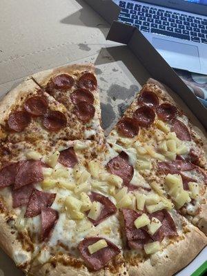 Half & Half Large Pepperoni Pizza  Large Piara Hawaiian Pizza