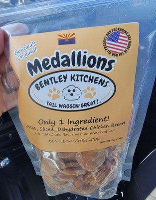 Chicken treats made in Mesa, AZ. My pups love these.