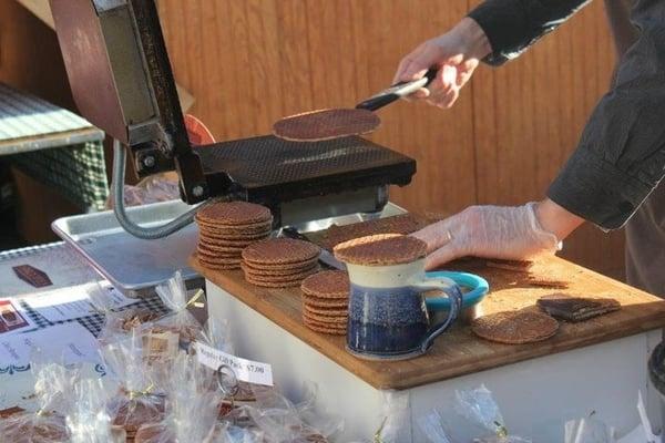 Making some amazing Stroopwafels: a thin cinnamon waffle type cookie filled with a thin layer of caramel