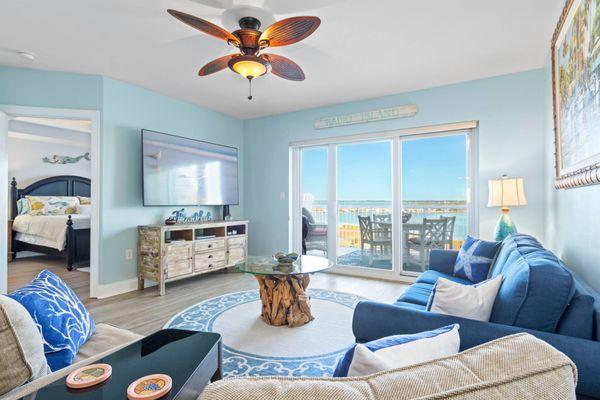 Spacious soundfront condo rental located on exclusive Radio Island in Beaufort, NC.  Enjoy water views from every room.