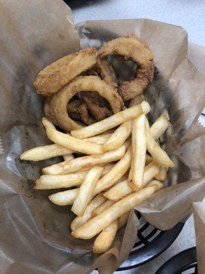 Half and half fries and onion rings