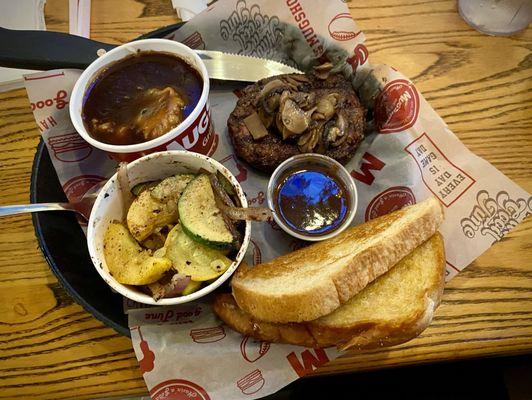 Chopped steak, mashed potatoes, broiled zucchini at Mugshots