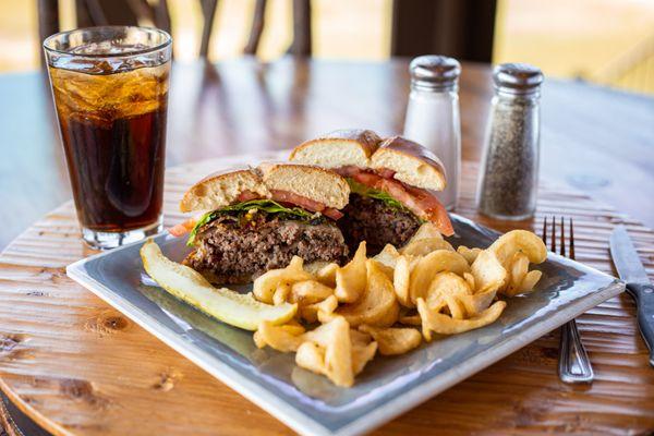 NEW! Bandit burger (jalepenos and pepper jack) with sidewinder fries and pickle make for a spicy lunchtime treat!