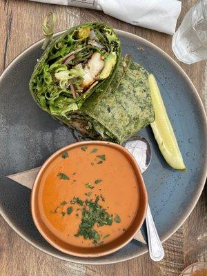 Shrimp avocado salad as a wrap with tomato basil soup