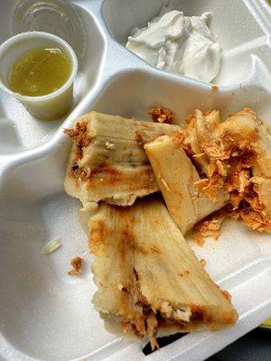 Pork and chicken tamales, $3 each $1 for side sour scream Green verde for complement sample