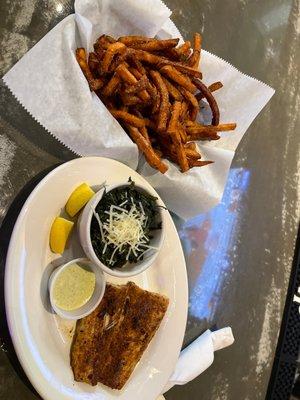 Blackened mahi-mahi, Italian spinach and sweet potato fries