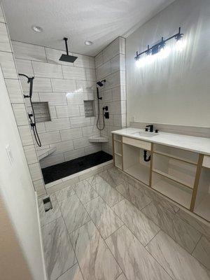 Bathroom remodel. New tile shower, flooring, cabinets