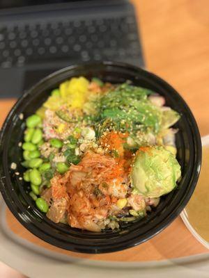 large Poke: hamachi, salmon, octopus, crab salad and scallops with avocado, kimchi, Seaweed Salad, edamame,oshinko, corn, and Miso Soup