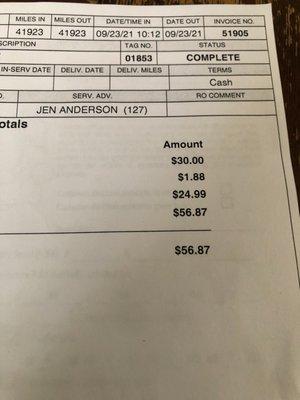 Synthetic oil change on 9/23/21 Total $56.87