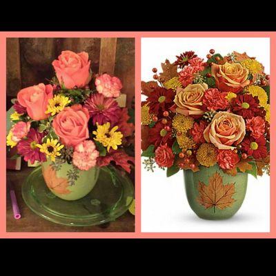 Left is what recipient received. Right is what I ordered. Definately NOT what I paid for. Would NOT recommend this florist!!