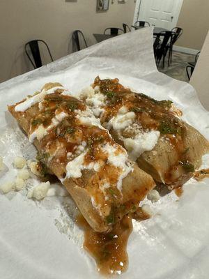 Tamales w/ cream, queso fresco, and hot salsa