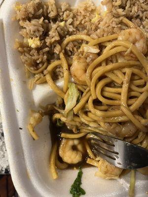 Shrimp lo mein and fried rice