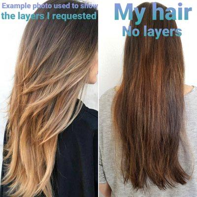 No layers in my hair. I showed the above left photo during my appointment for the layers that I would like.