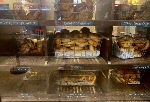 Bagels! Baskets need to be pushed towards the glass case. Thought they were out of some bagels until I looked at this pic.