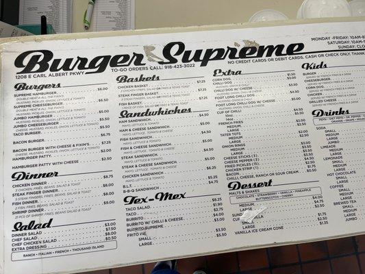 Menu at the counter where orders are taken