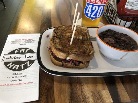 Pastrami Rueben with black bean over rice and a High Five IPA make a great lunch!