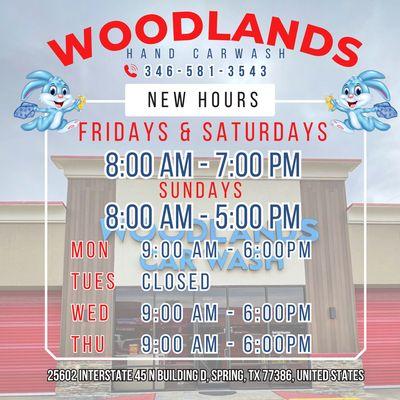 Woodlands Hand Carwash has extended business hours on Fridays and Saturdays!