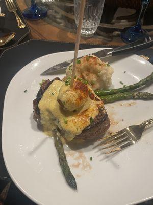 Prime Steak Oscar with grilled asparagus and whipped potatoes