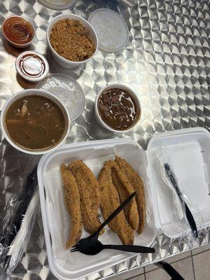 Catfish, jambalaya, red beans and rice, and gumbo