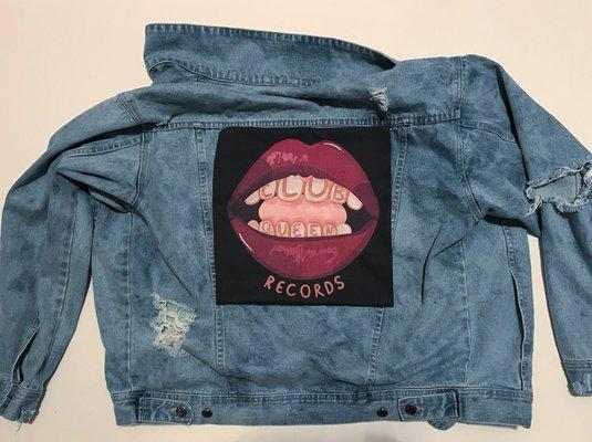 Custom denim jackets, distressed bleached and patched by us